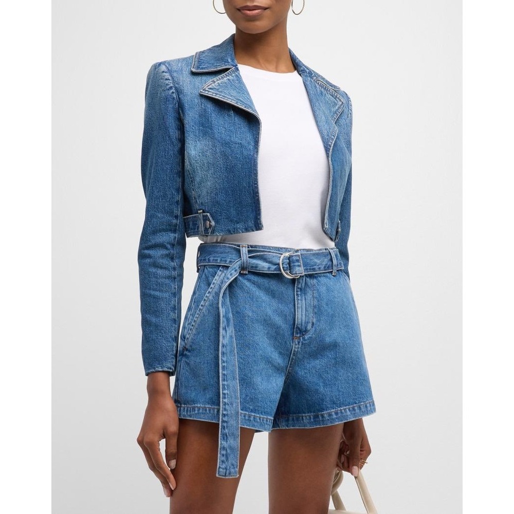 Alice + Olivia Jeans Blue Cropped Denim Moto Jacket Size XS